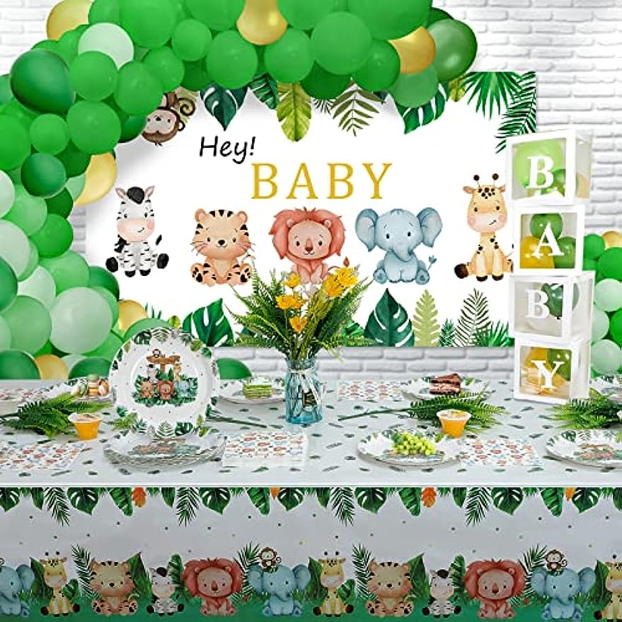 Safari Baby Shower Decorations Zoo Birthday Party Supplies Includes Balloon Garland Backdrop Tablecloth Plates Napkins Jungle Theme Party Supplies for 24 Guests